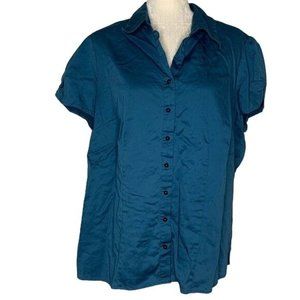 Bay Studio Button Up Short Sleeve Top L Teal Blue Collar Stretch Career Wear